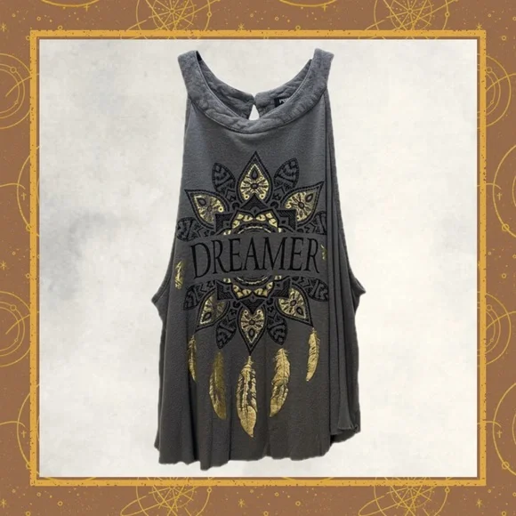 Rue21 Dreamer Graphic Crop Tank Top Medium Y2K Boho Flowy Gray Festival - Picture 4 of 8